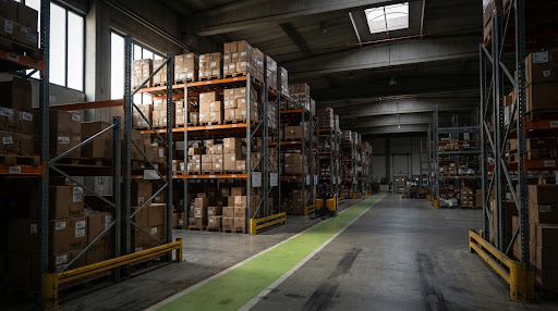 Armazém logístico industrial LoopiExpress com porta-paletes de aço e demarcação no solo
